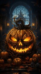 Halloween poster inside a mystical old house at night with a spooky jack o'lantern pumpkin against a moon background, illustration of a Halloween poster. generative ai