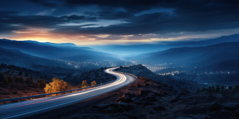 route sinueuse disparaissant au loin, créant une impression de profondeur et de perspective, avec la trace de passage d'un véhicule par des trainées de lumière en pose longue