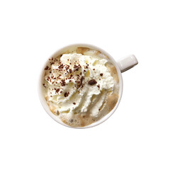 A cup of hot Cappuccino coffee with whipped cream and bits of chocolat on top of it, top view isolated object clipping path, soft focus