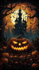 Halloween poster, Mystical old house at night in a cemetery with a spooky jack o'lantern pumpkin on a moon background, Halloween poster illustration. generative ai