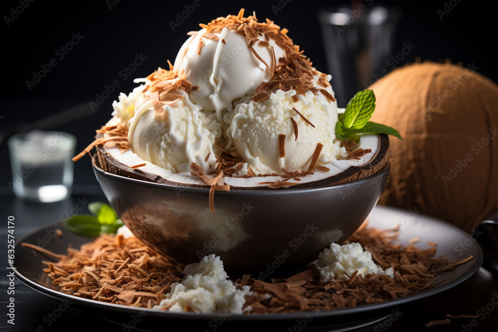 Poster a scoop of coconut-flavored ice cream served in a halved coconut shell, topped with shredded coconut