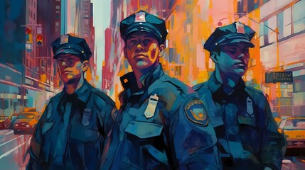 Three Police Officers in a Vibrant City Scene. Generative AI.
