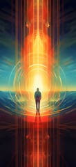 Human Walking Towards a Bright Light. Generative AI.