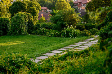lawn park in the garden overlooking the city.