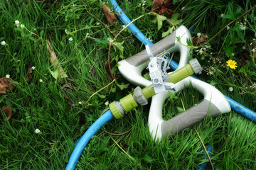 Watering hose sprinkler on green grass. Lawn in the garden of the house.