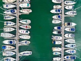Top Down view over Boats and Yachts in Brixham Marina from a drone, Brixham, Torbay, Devon,...
