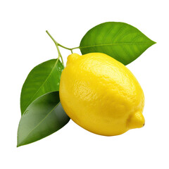 Lemon and green leaves isolated on white transparent background, Yellow ripe citrus fruit, closeup, PNG,