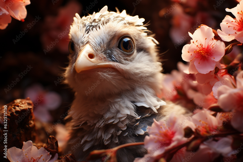Poster A hatchling emerging from its eggshell while surrounded by blossoming flowers  Generative AI technology.