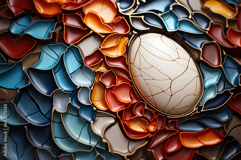 Poster An artistic composition showcasing multiple eggshells at different stages of cracking, forming an intricate mosaic pattern.  Generative AI technology.