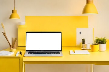 a computer on the table with yellow background