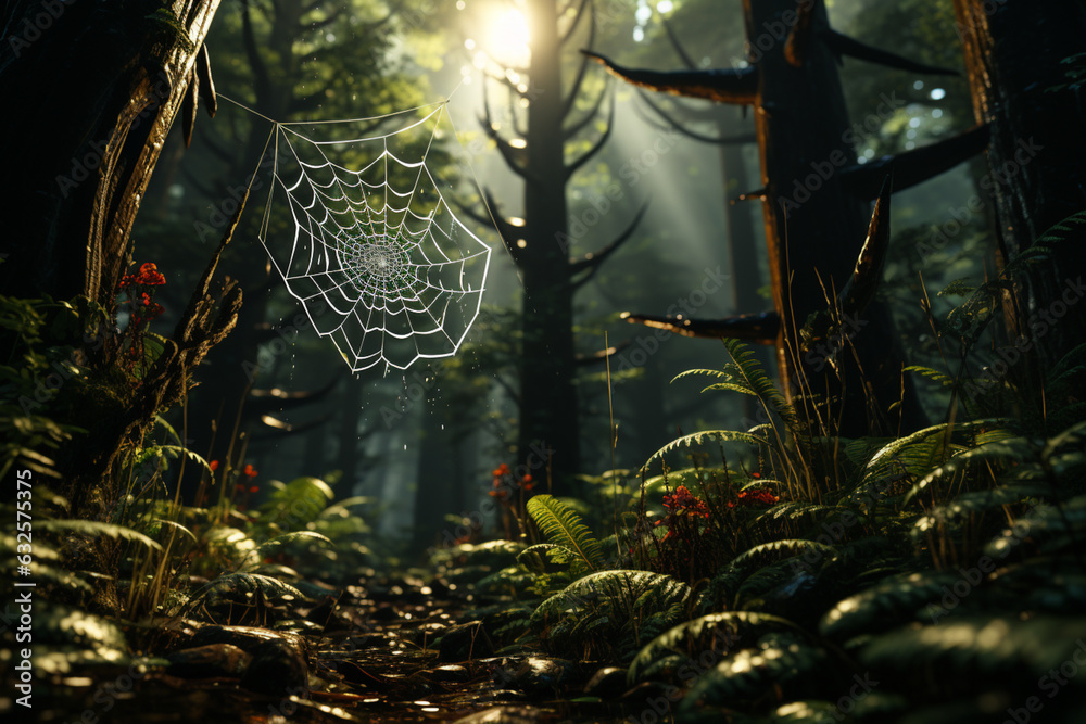 Aufkleber a spider web woven amongst trees in a forest, enhancing the feeling of enchantment and wonder. gener