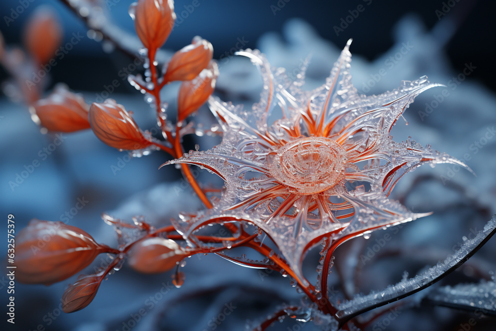 Poster A spider web adorned with delicate frost crystals, capturing the essence of winter's chill.  Generative AI technology.