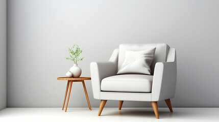 White comfortable chair in a minimalist interior against a light gray wall with copy space for text. Mockup Modern Living Room Interior