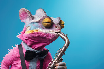Pink coloured chameleon with a saxophone on a light blue background, creative looking picture of a chameleon on isolated background - obrazy, fototapety, plakaty