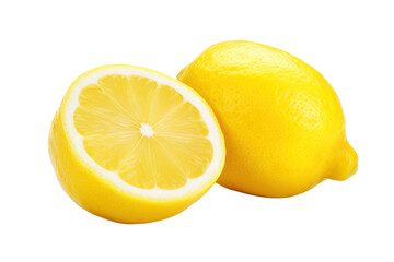 Lemons whole and half cut isolated on white transparent background, Yellow ripe citrus fruits, closeup, PNG,