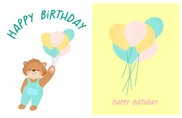 Cute little bear with balloons, Happy birthday greeting card. Party funny animal character illustrations for greeting card, invitation, banner, poster, textile. Watercolor, colorful postcard