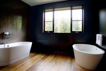 A design luxury bathroom, with double bath up, a wood floor, black wall, italian shower. Modern black bathroom