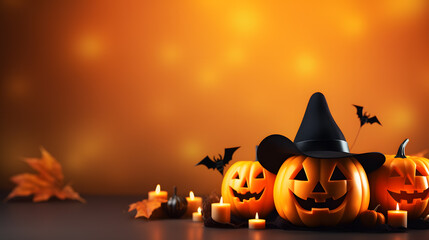 Happy halloween with pumpkin in witch hats on orange background with copy space