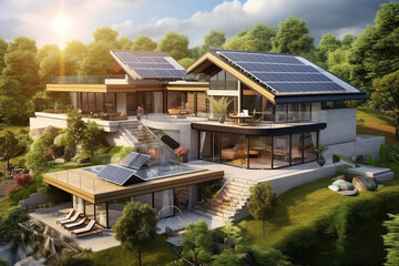 Craft an elegant collage of various house designs adorned with solar panels, emphasizing the versatility of incorporating eco-consciousness into diverse architectural styles." Generative AI