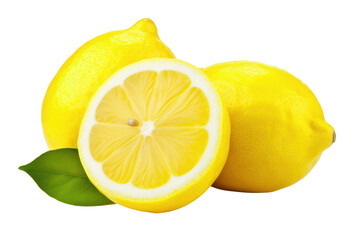 Lemons and green leaves isolated on white transparent background, Yellow ripe citrus fruits, closeup, PNG,