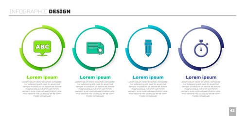 Set Alphabet, Certificate template, Pencil with eraser and Stopwatch. Business infographic template. Vector
