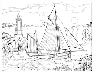 Coloring book for children and adults. Illustration ancient Celtic boat in the Gulf of Douarnenez. Sea landscape with an old sailboat and lighthouse. Black and white vector drawing. Printable page. - obrazy, fototapety, plakaty