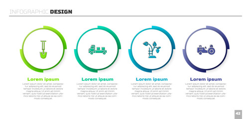 Set Shovel, Pickup truck, Strawberry bush and Tractor. Business infographic template. Vector