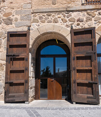 Beautiful detail of medieval wooden door in Toledo, Spain