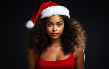 Young African American girl in a Santa Claus outfit with a Christmas background. Generative AI.