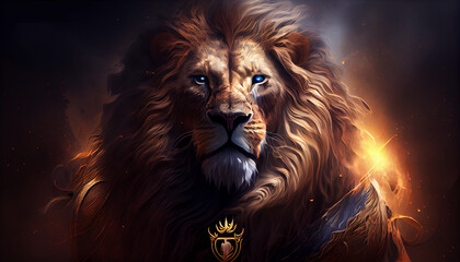Lion of Judah, exuding strength and power. Christian conceptual illustration, lion in the sunset, Ai generated image 