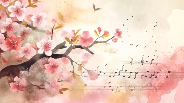 Musical background with sakura and notes, generative AI.