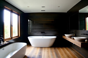 Fototapeta na wymiar A design luxury bathroom, with double bath up, a wood floor, black wall, italian shower. Premium luxury hotel bathroom