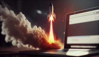 Rocket flies out of the computer, high speed internet startup concept, rocket in space, Ai generated image 