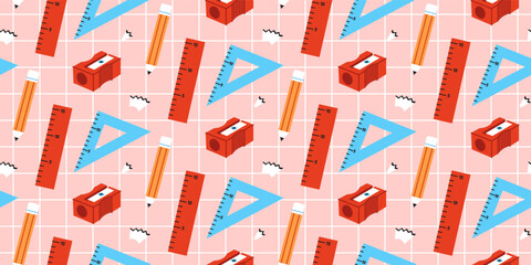 Colorful seamless pattern back to school and education with school supplies on pink background.