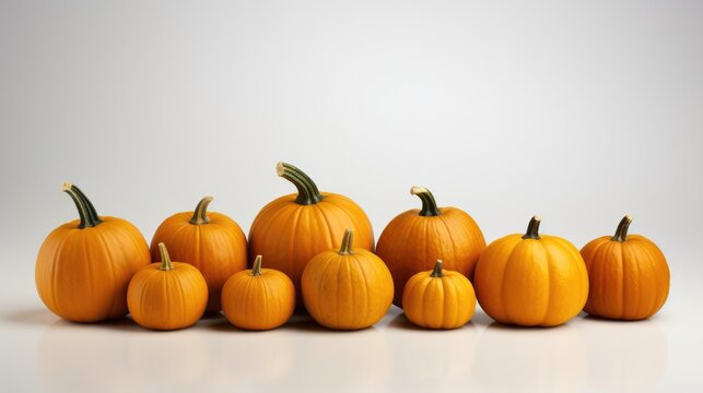 Many different pumpkins on white background. Choose best pumpkin for Halloween holiday decoration.