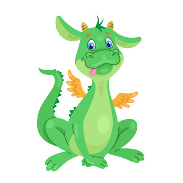 Cute fairytale dragon is sitting. In cartoon style. Isolated on white background. Vector flat illustration. Symbol of Chinese New Year
