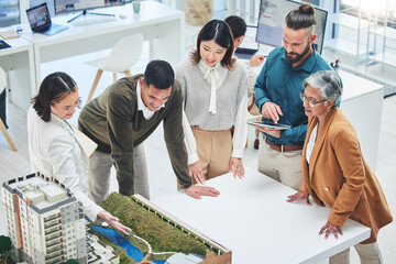 Creative people, real estate and meeting with 3d model for building design, architecture or property at office. Architect team or group in project discussion, planning or brainstorming at workplace