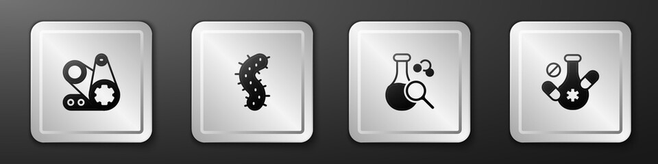 Set Timing belt kit, Virus, Test tube and Medicine pill icon. Silver square button. Vector
