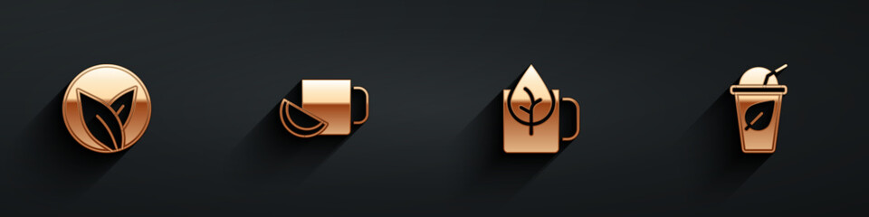 Fototapeta premium Set Tea leaf, Cup of tea with lemon, and icon with long shadow. Vector