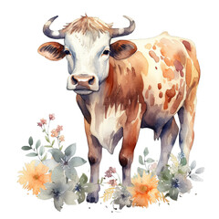 Watercolor Floral Brown Spotted Cow Generative Ai