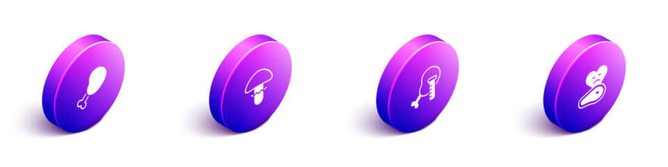 Set Isometric Chicken leg, Mushroom, Genetically modified chicken and Steak meat icon. Vector
