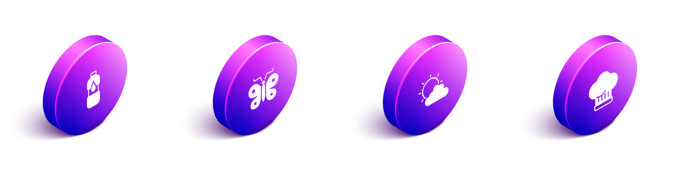 Set Isometric Bottle of water, Butterfly, Sun and cloud weather and Chef hat icon. Vector