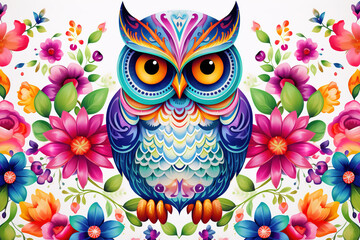 Naklejka premium Image of pattern design using an owl and flowers and leaves. Wildlife Animals. Bird. Illustration, Generative AI.