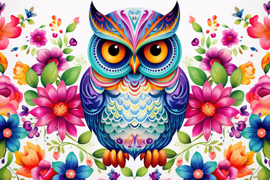 Image of pattern design using an owl and flowers and leaves. Wildlife Animals. Bird. Illustration, Generative AI.