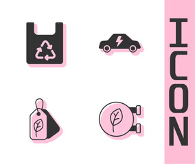 Set Eco shop, Shopping bag with recycle, Tag leaf and Electric car icon. Vector