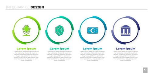 Set Round makeup mirror, Gem stone, Stacks paper money cash and Museum building. Business infographic template. Vector