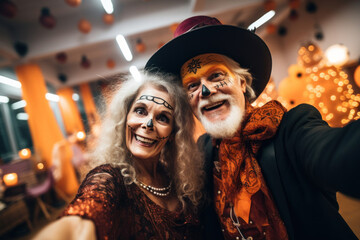 Biracial Senior couple dressed up in Halloween costume. A man and woman went to a Halloween party in spooky creations and make up. Dia de Muertos. Celebration of Mexico's Day of the Dead. Generated Ai - Powered by Adobe