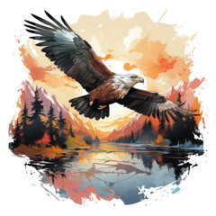 A serene Eagle t-shirt design featuring an eagle resting on a calm lake, with a backdrop of a picturesque mountain range and a stunning sunset sky, Generative Ai
