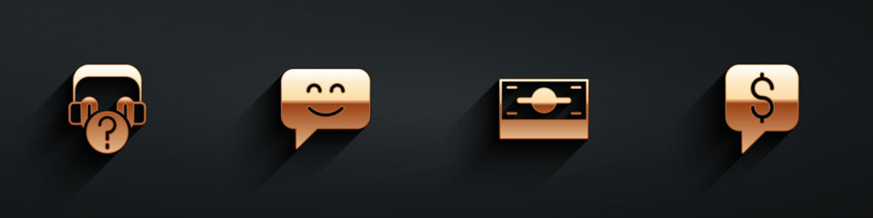 Set Headphones with question, Smile face, Stacks paper money cash and Paid support icon with long shadow. Vector