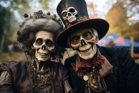 Senior friends dressed up in Halloween costume. A man and woman went to a Halloween party in spooky creations and make up. Dia de Muertos. Celebration of Mexico's Day of the Dead. Generated Ai